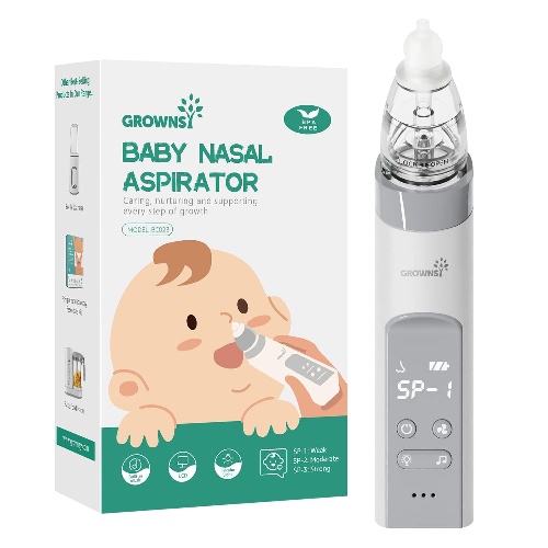 GROWNSY Baby Nasal Aspirator , Electric Nasal Aspirator for Baby, Baby Nose Sucker, Automatic Nose Cleaner with 3 Silicone Tips, Adjustable Suction Level, Music and Light Soothing Function - Gray