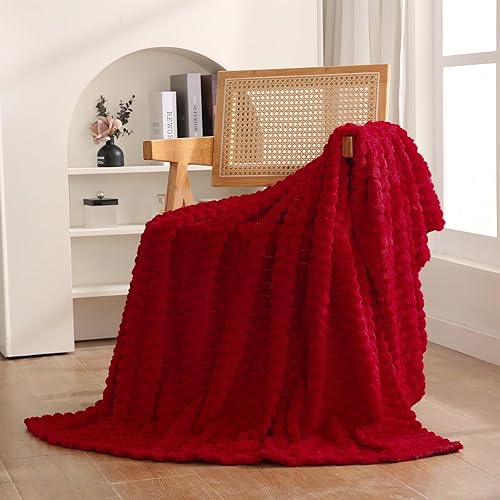 Red Throw Blanket 50"×60" inches Fuzzy 3D Jacquard Decorative Flannel Fleece Super Soft Plush Cozy Blanket for Couch Sofa Chair Lightweight - 50"×60” - Red