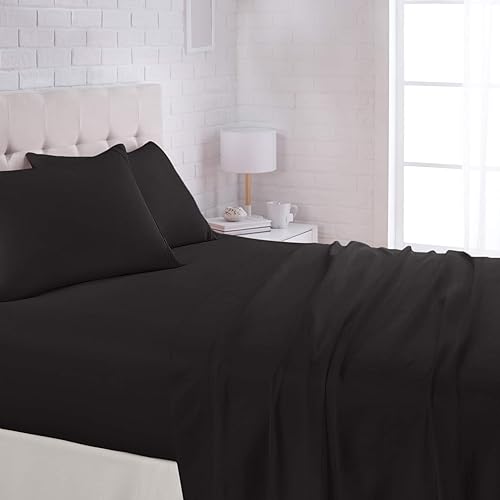 Amazon Basics Lightweight Super Soft Easy Care Microfiber 4 Piece Bed Sheet Set with 14-Inch Deep Pockets, Queen, Black, Solid - Black - Queen