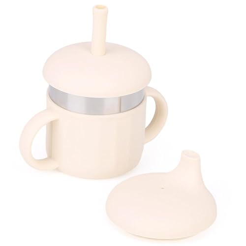 MYCOKI SP Baby Sippy Cup, Silicone Training Stainless Steel Kid Cups, Break Resistant Straw Lid Cup for Infants 6-12 Month Toddlers and 1-3 Year Kids, 7.4 Oz Water Drinking Cup (Beige, 1pc) - 1pc - Beige