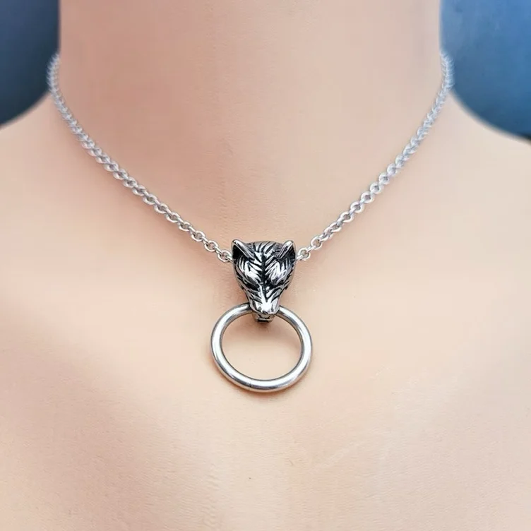 Wolf Biting Ring Choker, Werewolf Knocker O Ring Collar, Witchy Gothic Necklace, Fantasy Horror Pendant, Stainless Steel Jewelry