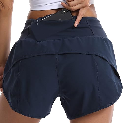 Kcutteyg Running Shorts for Women with Liner High Waisted Lightweight Womens Workout Shorts with Pocket - 4inches - X-Small - Navy Blue4"