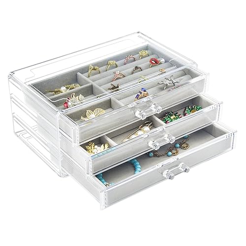 Acrylic Jewelry Box 3 Drawers, Velvet Jewellery Organizer, Earring Rings Necklaces Bracelets Display Case Gift for Women, Girls - Gray