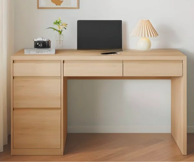 Contemporary Rectangular Timber Wood Grain Home Office Desk with Compartment Drawers, Natural, Without Chairs, 55"L x 22"W x 30"H