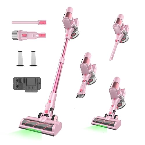 Snowkuna Pink Cordless Vacuum Cleaner, 550W 45KPA Turbo Suction, 60 Mins Runtime, Self-Standing with LED Display, Anti-Tangle Brush, Stick Vacuum Cleaner for Home Hardwood Floor, Carpet, Pet Hair