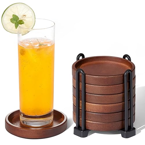 Set of 6 Wooden Coasters with Holder-Coffee Table Coasters for Drink, Wood Coaster Set for Modern Home Decor, Home Dining Table Decor Cute Beer Bar Coasters Decorative Rustic Outdoor Coasters - Wood