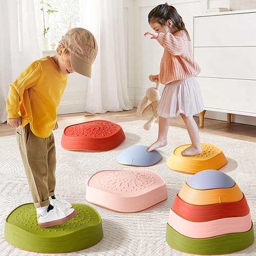 Tiny Land Stepping Stones for Kids, 5pcs Non-Slip Toddler Stepping Stones, Sensory Stepping Stones for Promoting Toddler's Balance & Coordination Skills, Stepping Stones for Toddlers 3-5 - Vintage Color
