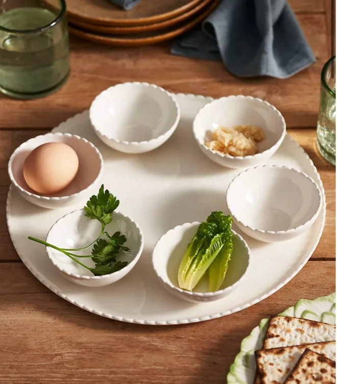Scalloped Ceramic Seder Set, Ivory