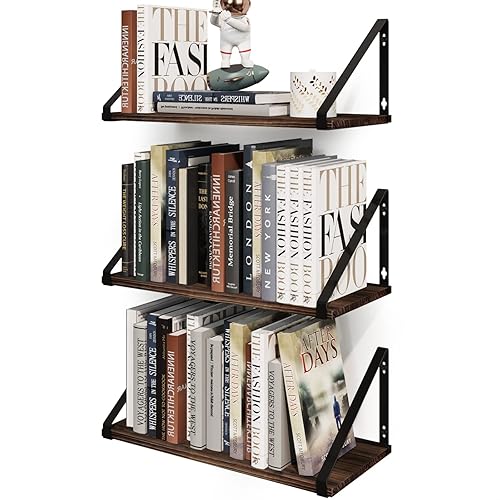BAMEOS Floating Shelves Rustic Wood Wall Shelf, Small Bookshelf for Living Room, Office, Bedroom, with Metal Bracket - 3 pack Carbonized 16"W 8"D