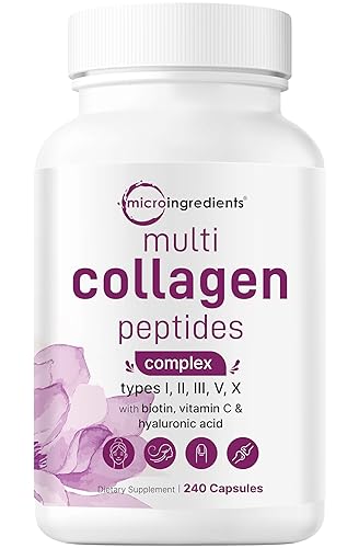 Micro Ingredients Multi Collagen Pills for Women & Men, 240 Capsules | Type I, II, III, V, X - Hydrolyzed Collagen Peptides with Biotin, Hyaluronic Acid & Vitamin C | Hair, Skin, Nail & Joint Support - Multi Collagen Capsules - 240 Count (Pack of 1)