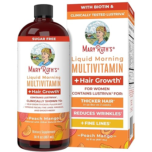 MaryRuth's Liquid Multivitamin + Lustriva® Hair Growth for Women| Biotin 10000mcg | Vitamin D | B Vitamins | Clinically Tested for Thicker Hair, Wrinkles, Fine Lines, Skin Care | Ages 18+ | 30 Fl Oz - Peach Mango - 30 Fl Oz (Pack of 1)