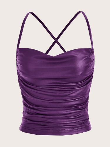 SHEIN ICON Draped Collar Ruched PU Leather Cami Top