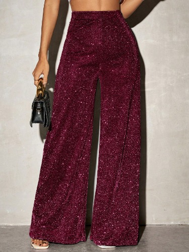 SHEIN SXY Women's Casual High Waist Wide Leg Pants, Made Of Knit Glitter Fabric