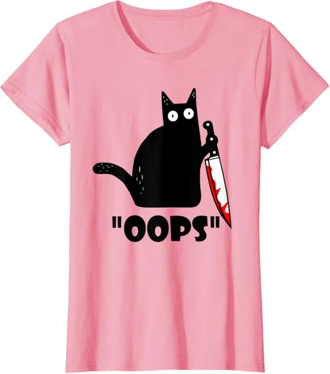 Cat Oops! Funny Black Cat Murderous Cat With Knife T-Shirt