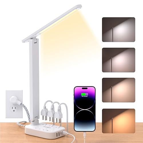 Power Strip with LED Desk Lamp, 3 Outlets 4 USB Ports(2 USBC) 4 Modes 5 Level Touch Lamp Small Desk Lamp for Home Office Bedroom Bedside, Study Reading Light, 5ft Extension Cord, Dorm Room Essentials - 5 Ft - White