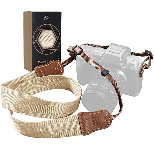 Padwa Lifestyle Off White Camera Strap - Double Layer Crazy Horse Cowhide Ends,1.5"Wide Pure Cotton Woven Camera Strap,Adjustable Neck Shoulder Strap for All DSLR Cameras,Great Gift for Photographers - D# - Off White - 1.5 inch Wide / Adjustable 31~60 inch