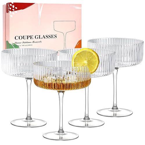 4 Pcs Coupe Glasses, Hand Blown 10 oz Cocktail Glasses, Ribbed Martini Glasses, Gift Boxed Drinking Glasses Set Pefect for Espresso Martini, Manhattan, Cocktail, Wine, Champagne