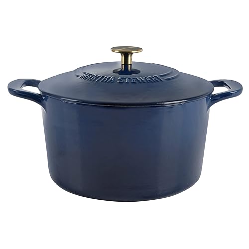 MARTHA STEWART Gatwick 7 QT Enamel Cast Iron Dutch Oven, Navy Blue w/Gold Knob - Navy w/ Gold Knob - 7-Quart