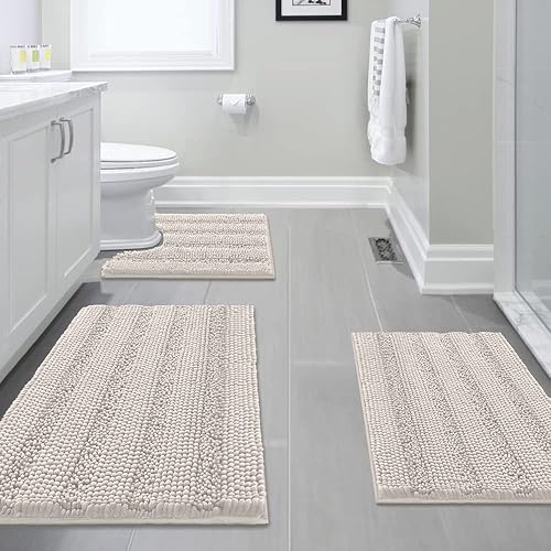 H.VERSAILTEX 3 Piece Thick Striped Bath Rugs Set for Bathroom Non Slip Soft Absorbent Bath Mat for Tub, Shower and Toilet(17''x24''+20''x32''+20''x24'' U-Shaped, Ivory) - 17" x 24" + 20" x 32" + 20" x 24" U Shape - Ivory