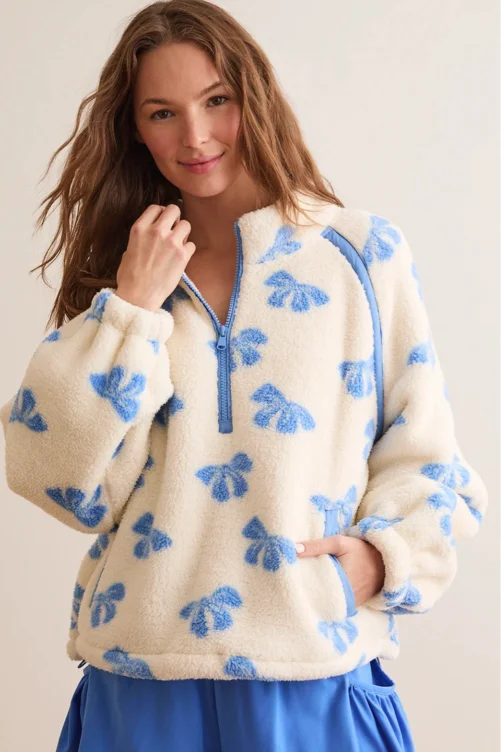 Gemma Sherpa Bow Pullover in Ivory and Blue | AS Revival