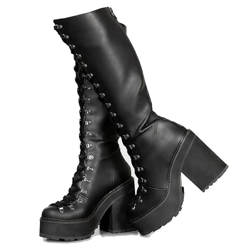 Atsroel Platform Knee High Boots For Woman Round Toe Punk Goth Boots Black Lace Up Boots Rave Chunky Heel Boots Gothic Wide Calf Boots