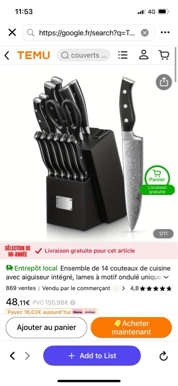 ensemble couteaux cuisine 14 pièces aiguisoir intégré - Temu France