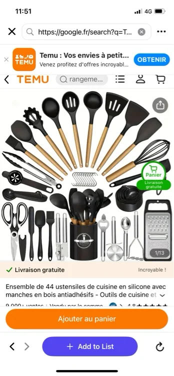 44pièces ensemble d'ustensiles cuisine en silicone manches - Temu France