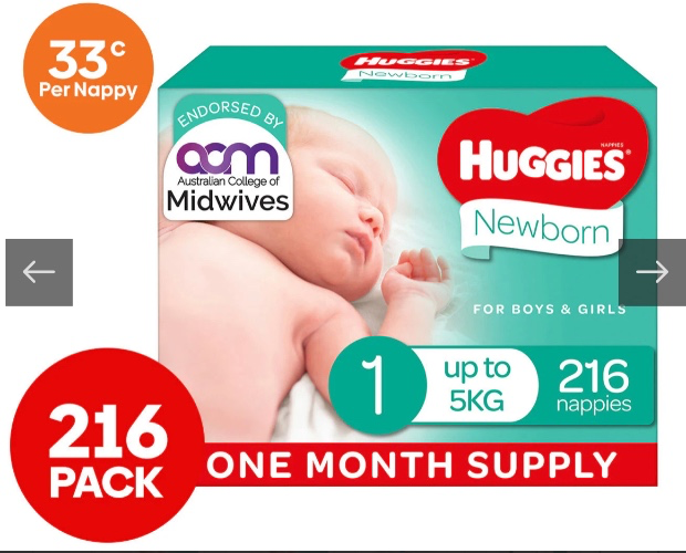 Huggies Newborn Size 1 Up To 5kg Nappies 216pk