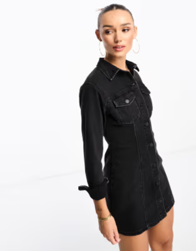ASOS DESIGN denim fitted shirt dress in black | ASOS