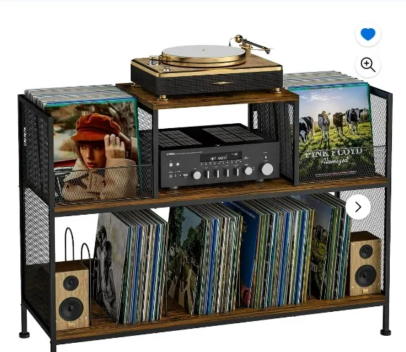 Large Vintage Record Player Table with 4 Adjustable Dividers, X-cosrack Vinyl Record Storage Cabinet for Up to 350 Albums for Bedroom Living Room Office
