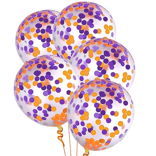 Orange Purple Confetti Balloons 25 Pcs, 12 Inch Thickened Clear Latex Balloon with Confetti Inside for Halloween Party Decorations Birthday Baby Shower Bridal Shower Decoration Supplies - Orange Purple Confetti Balloons