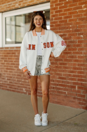 CLEMSON TIGERS VARSITY STRIPES ADULT TEXTURED MIDWEIGHT SNAP JACKET BY MADI PREWETT TROUTT