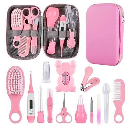 Baby Grooming Kit, Infant Safety Care Set with Hair Brush Comb Nail Clipper Nasal Aspirator,Baby Essentials Kit for Newborn Girls Boys (Pink Baby Grooming kit) - Pink Baby Grooming Kit