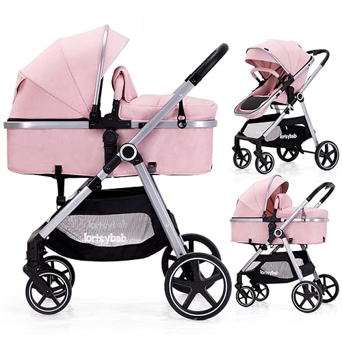 Lortsybab 2-in-1 Baby Stroller with Bassinet Mode - Folding Infant Newborn Pram Stroller with Reversible Seat - Toddler Strollers for 0-36 Months Old Babies (Pink) - pink