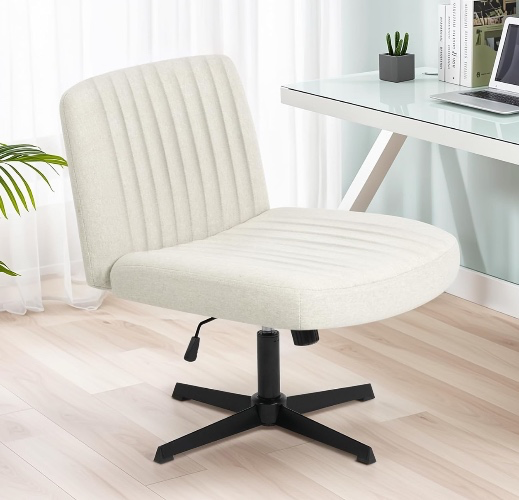 Advwin Armless Criss Cross Legged Chair with Wide Seat Ergonomic Swivel Vanity Chair with Adjustable Height for Home Office Study Bedroom Workstation, Beige - 48D x 58W x 75Hcm - Beige Linen Fabric