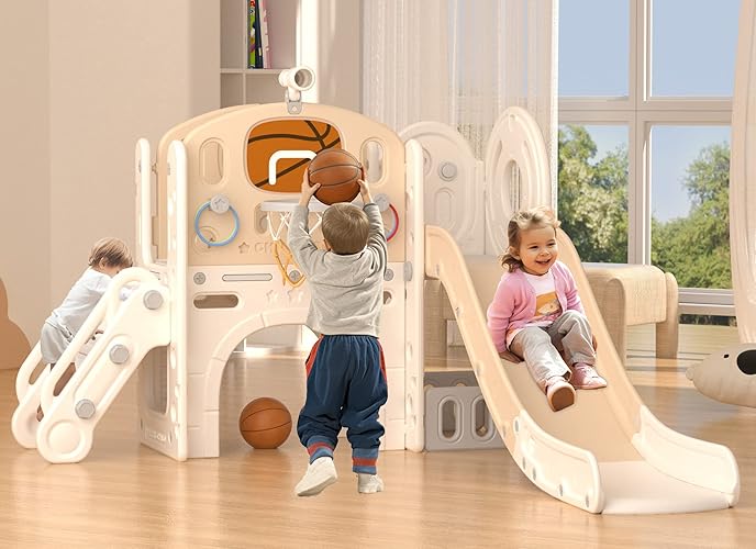 XJD 8 in 1 Toddler Slide Set, Kids Slide for Toddlers Age 1+, Toddler Climber Slide PlaySet with Basketball Hoop and Ball,Outdoor Indoor Playground for Toddlers 1-3 (Beige Coffee, 8 in 1) - 8 in 1 - Beige Coffee