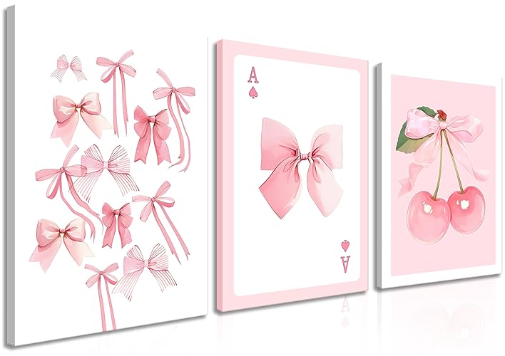 Trendy Pink Bows Canvas Wall Art Set of 3, Vintage Preppy Cherry Posters Prints, Pink Girly Room Aesthetic Wall Decor Painting for College Apartment Living Room Bedroom 12x16 In Framed - Pink bow - Canvas 12''x16'' 3piece