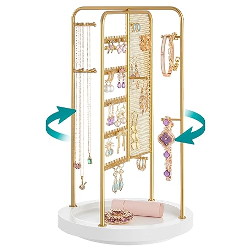 SONGMICS Jewelry Stand, Rotating Jewelry Display, 4 Independent Sections, Metal Frame, with Bottom Tray, Jewelry Organizer for Necklaces, Bracelets, Earrings, Rings, Gift Idea, Gold UJJS023A01 - Gold