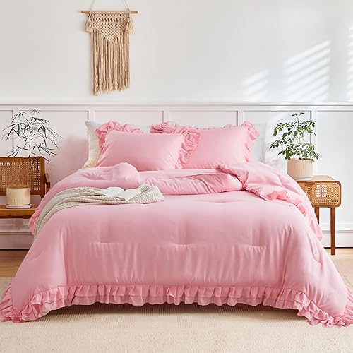 Pink Ruffled Comforter Set Twin Size, 3 Pieces (1 Ruffled Comforter and 2 Pillowcases) Farmhouse Shabby Chic Style with 2 Layers Ruffle, Solid Color Lightweight Soft Fluffy Bedding Sets for Girls - Pink - Twin (1 Comforter + 2 Pillow Shams)