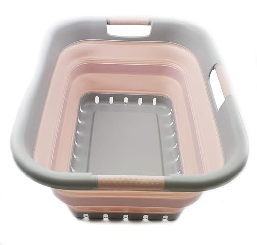 SAMMART 41L Collapsible Plastic Laundry Basket - Foldable Pop Up Storage Container/Organizer - Portable Basket - Space Saving Hamper/Basket (3 handled rectangular, Grey/Pink) - 3 handled rectangular - Grey/Pink