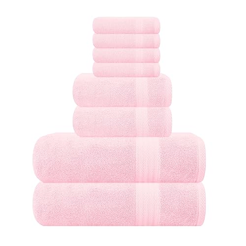 GLAMBURG Ultra Soft 8-Piece Towel Set - 100% Pure Ringspun Cotton, Contains 2 Oversized Bath Towels 27x54, 2 Hand Towels 16x28, 4 Wash Cloths 13x13 - Ideal for Everyday use, Hotel & Spa - Pink - 8 Piece Towel Set - Pink