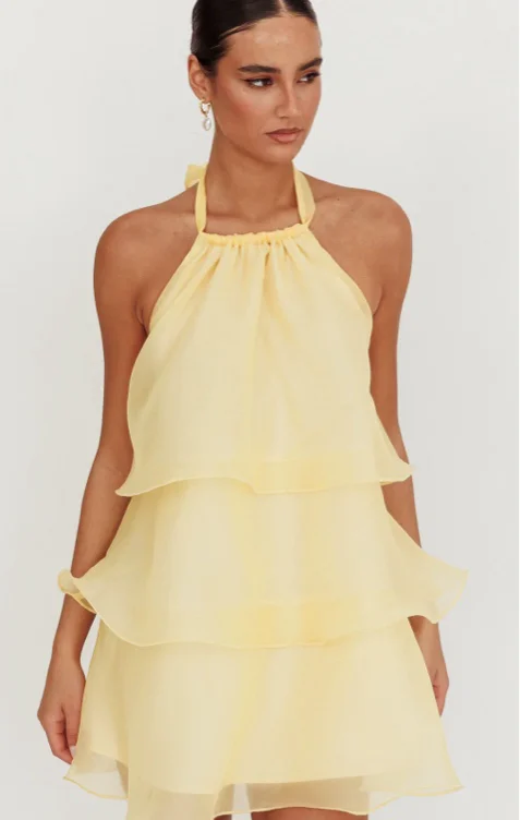TULIPS TIERED HALTERNECK MINI DRESS LEMON