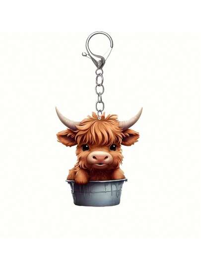 Cute Bucket Cow Pattern Keychain With 2D Acrylic Decorations, Festival Gift, Women's Keychain, Couple's Gift, Charm Accessory