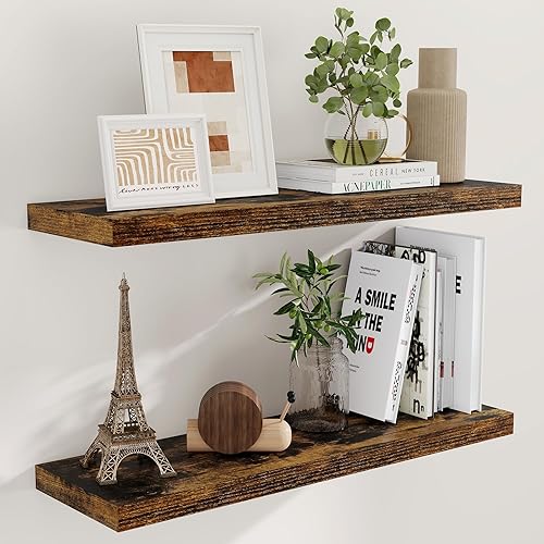 36"x9.3" Floating Shelves, 9.3 Inch Deep Floating Shelf, Rustic Wall Shelves 36 Inch Long, Large Display Shelves for Books, Deep Storage Shelf for Living Room, Laundry Room - Rustic Brown, Set of 2 - Rustic Brown - 36"W x 9"D x 1.5"H, Set of 2