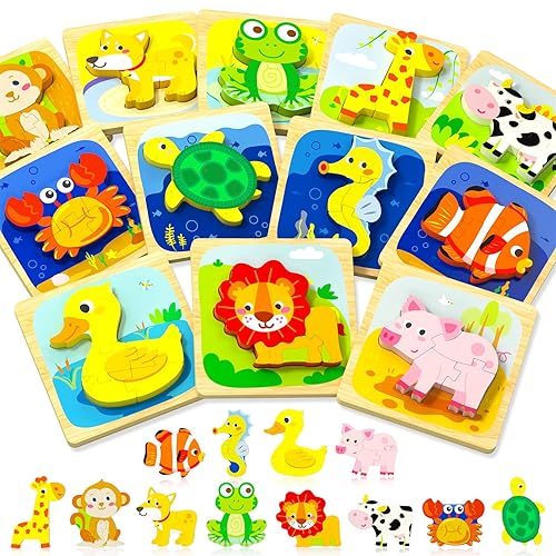 Benresive Wooden Toddler Puzzles Ages 1-3, Montessori Toys for 1 2 3 Year Old Boys Girls, 12 Pack Animal Toddler Toys Gifts for 1 2 3 Year Old Boys Girls, Learning Educational Preschool Toys - 12 PCS