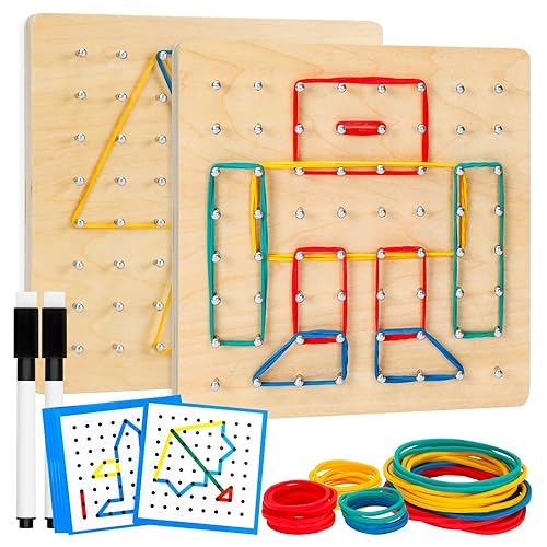 2Pack Wooden Geoboard,Montessori Toy,Graphical Mathematical Education Toy for Kids with Pattern Cards and Rubber Bands to Figures and Shapes, Brain Teaser STEM Toy Geo Board.