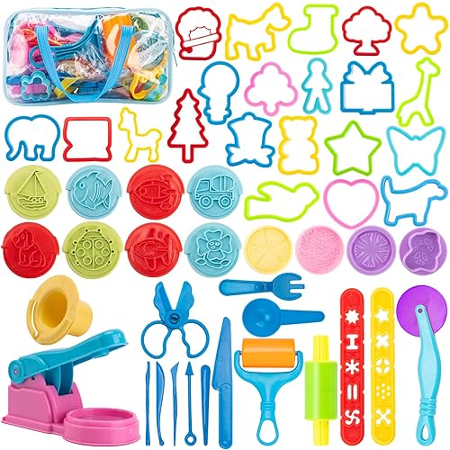 Dough Tools for Kids, 46Pcs Dough Toys Include Play Food Molds - Cupcakes, Ice Cream, Noodle, Play Bulk Pack with Roller, Cutters, Scissor, Dough Mat and Storage Bag Gifts (Tools) - Food Shape
