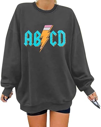 MAXIMGR Teacher Sweatshirt Women Oversized Rock'n Roll Sweatshirt ABCD Alphabet Graphic Back to School Pullover Top - Small - Dark Grey
