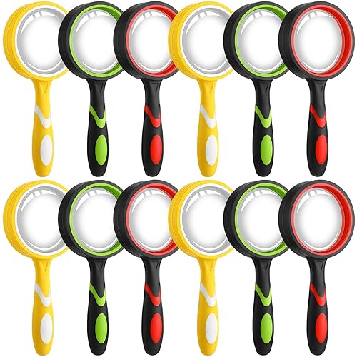 Xuhal 12 Pcs 10X Magnifying Glass Handheld Shatterproof Reading Magnifier for Seniors and Kids, 50mm Colored Magnifying Lens with Non Slip Rubber for Observation Exploration Science (Vivid Color) - Vivid Color - 12
