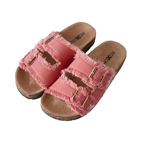 Roxoni Women's Comfort Flat Sandals Double Buckle Adjustable Straps Flat Slides Footbed Suede - 7 - Pink